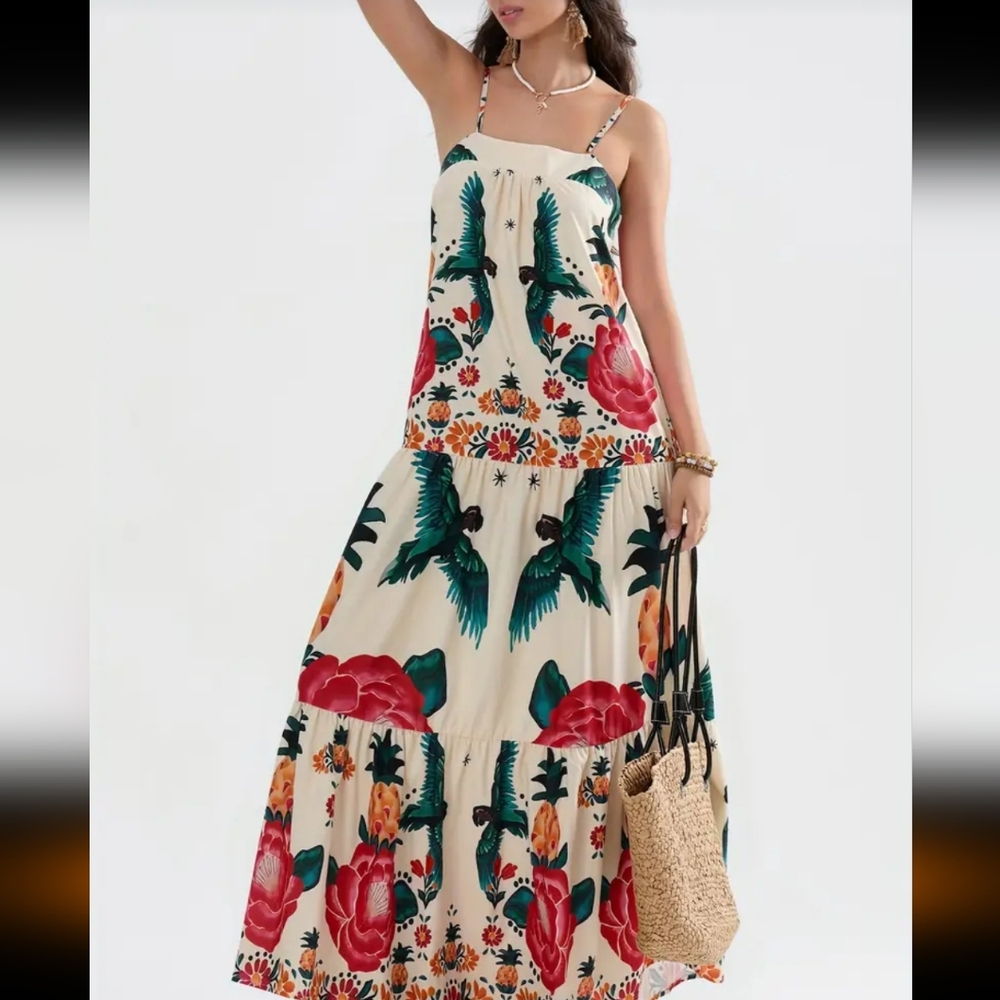 Beautiful tribal print in luxurious bright colored print square neck maxi dress - Picture 6 of 13